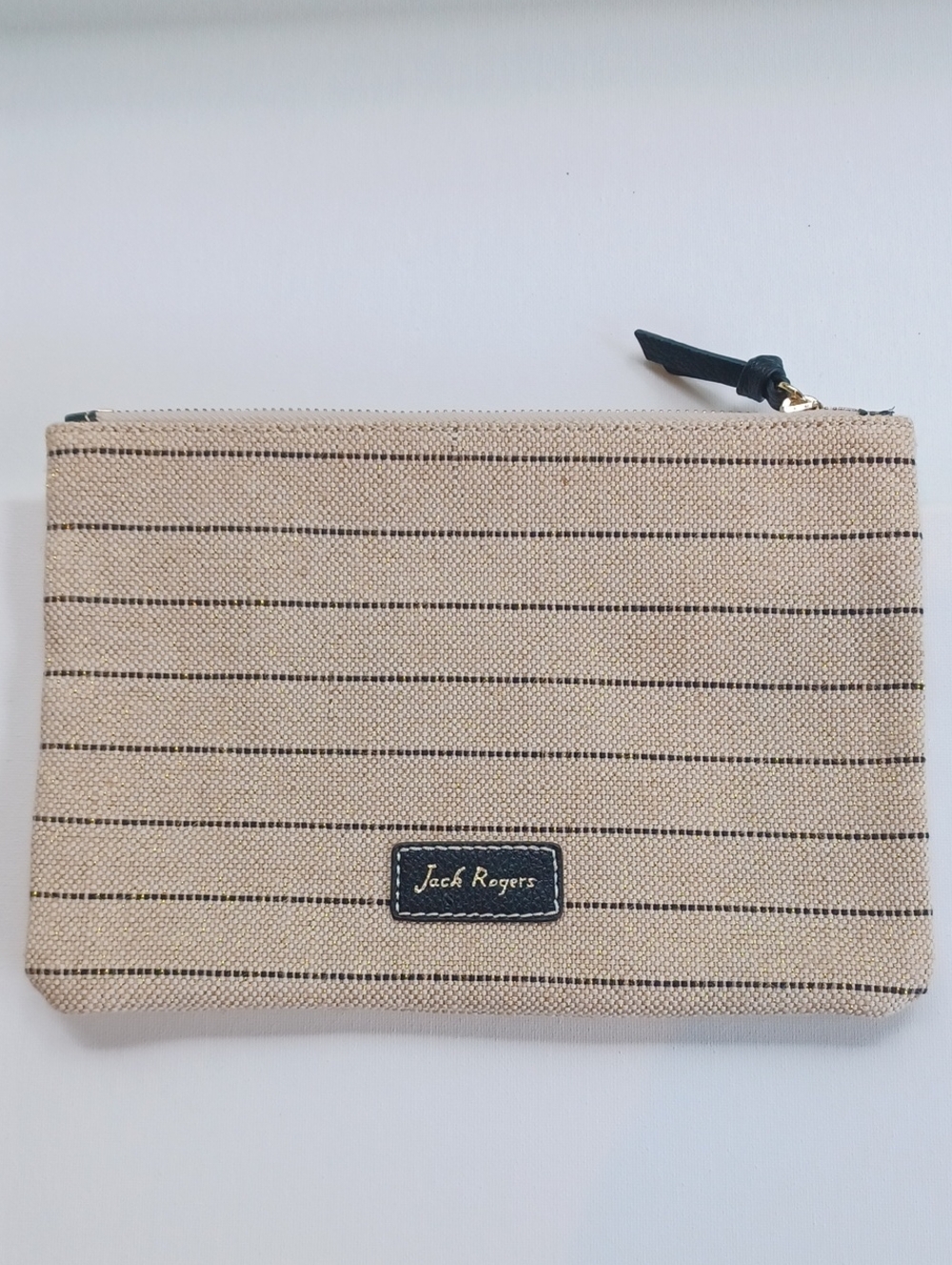 Jack Rogers Beige Striped Canvas Clutch/Pouch with Black Trim